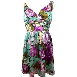 Adrianna Papell Silk Floral‎ Fit Flair Dress Beaded Sequins SZ 6P Wedding Guest